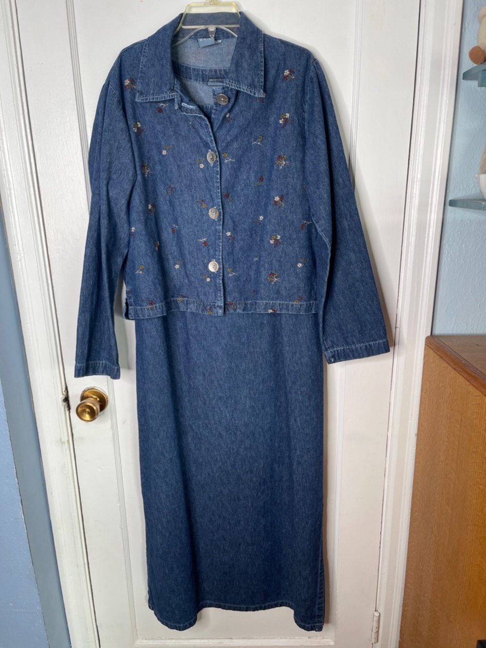 Vintage Denim Dress Set Jacket 12 14 Embroidered Flowers 90s Mom Maxi Tank